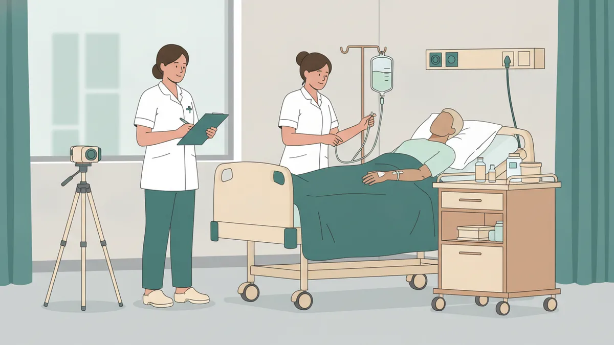 Illustration : dans une salle aménagée en chambre d'hôpital, deux étudiantes en tunique blanche posent une perfusion à un mannequin allongé sur un lit médicalisé ; une formatrice observe, une caméra filme la scène.