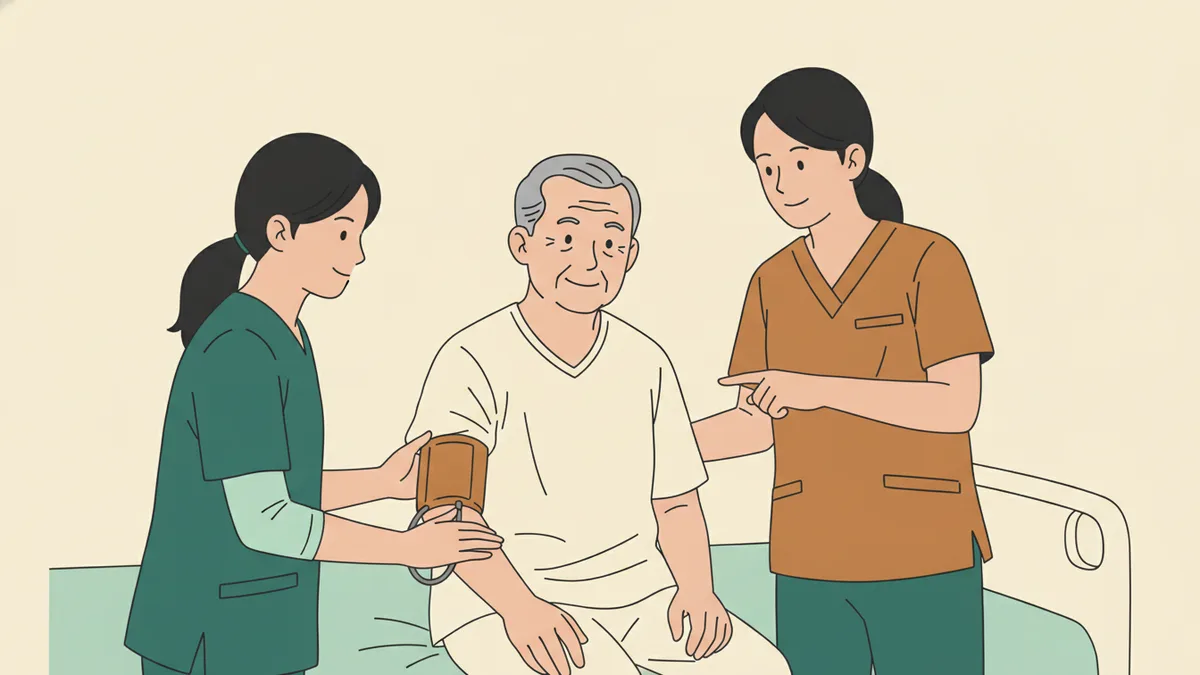 Illustration : dans une chambre d'hôpital, une étudiante infirmière prend la tension d'un patient âgé assis au bord de son lit, pendant que l'infirmière tutrice, à côté d'elle, lui montre la feuille de surveillance.