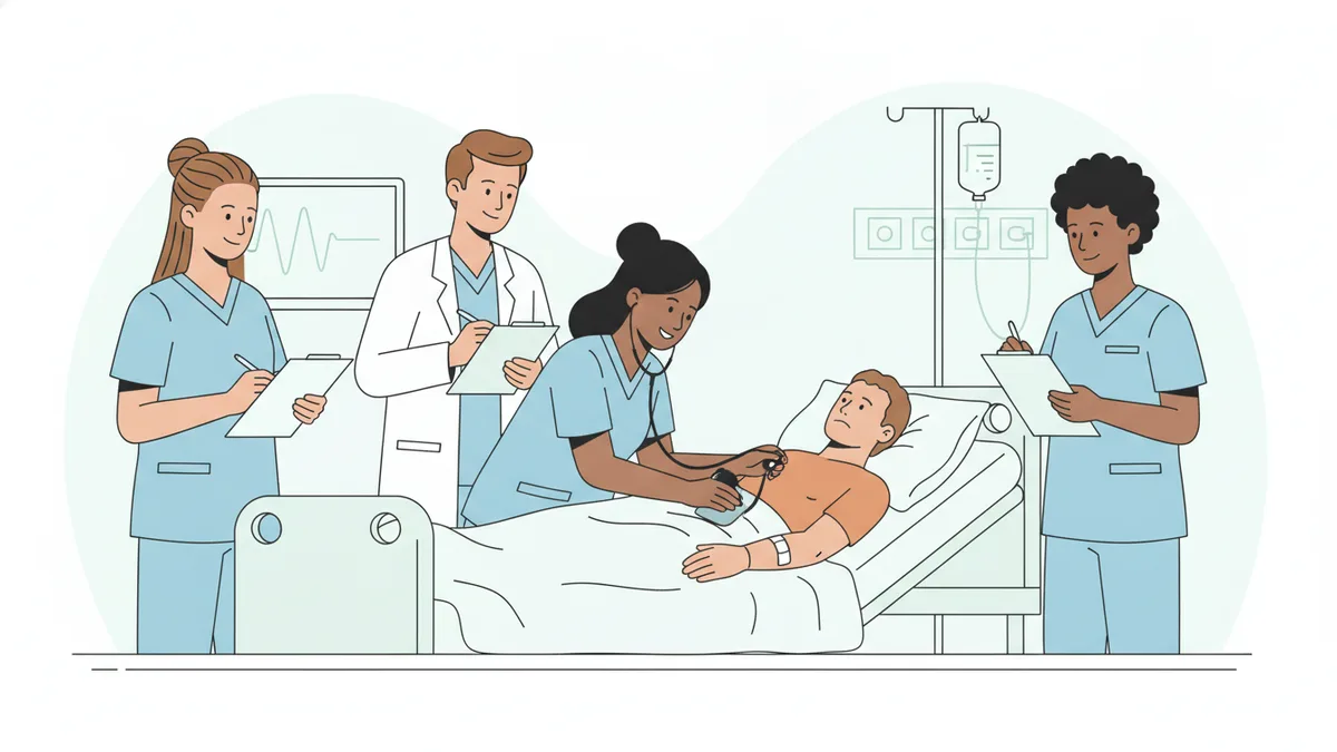 Illustration : quatre étudiants infirmiers en tenue bleue autour d'un lit d'hôpital ; l'une prend la tension d'un mannequin de soins, les autres prennent des notes, observés par une formatrice en blouse blanche.