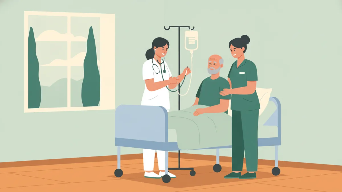 Illustration : dans une chambre d'hôpital lumineuse, une étudiante infirmière en tunique blanche règle une perfusion près d'un patient âgé assis dans son lit, guidée par une infirmière tutrice ; des cyprès par la fenêtre.