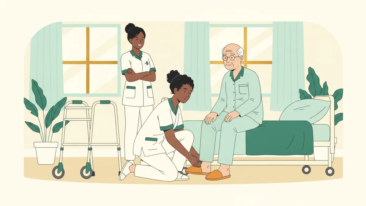 Illustration : dans une chambre lumineuse d'un service de rééducation gériatrique, une étudiante infirmière agenouillée aide un homme âgé à enfiler ses chaussons ; un déambulateur est posé à côté et une infirmière tutrice sourit en arrière-plan.