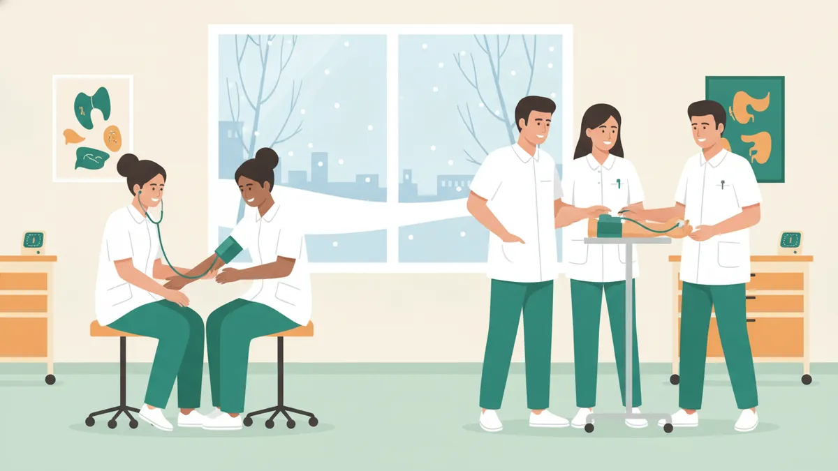 Illustration : dans une salle de travaux pratiques, par une fenêtre enneigée, des étudiants infirmiers en tunique blanche prennent la tension l'un de l'autre avec brassard et stéthoscope, tandis qu'un formateur fait une démonstration à un autre groupe.