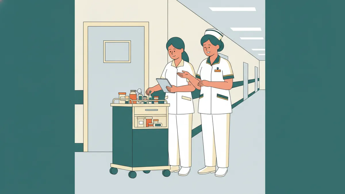 Illustration : dans un couloir de service hospitalier, une étudiante infirmière prépare des médicaments sur un chariot de soins à côté d'une infirmière expérimentée qui lui explique.