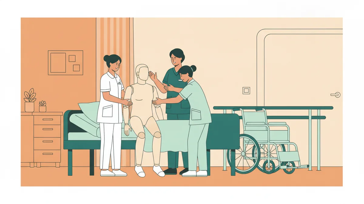 Illustration : dans une salle de formation hospitalière, une étudiante infirmière en tunique blanche et un élève aide-soignant en tunique verte aident ensemble un mannequin patient à s'asseoir au bord du lit, sous le regard d'une formatrice ; un fauteuil roulant au fond.