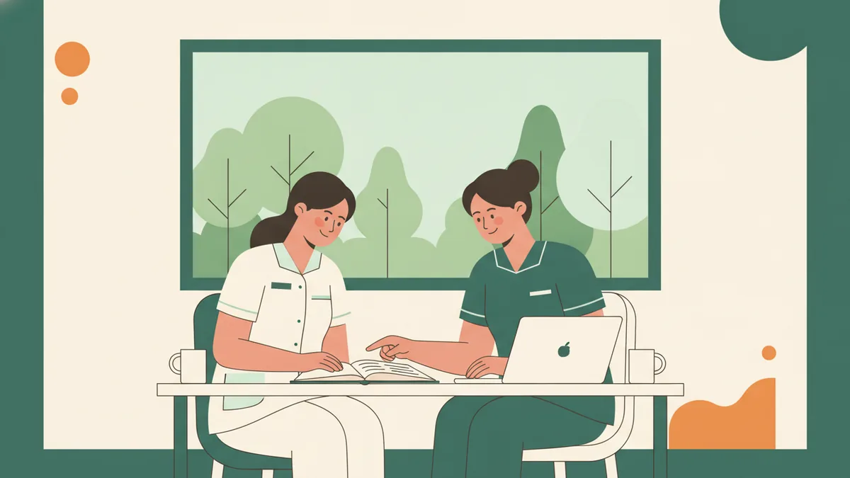 Illustration : dans un petit bureau, une étudiante infirmière en tunique blanche et sa formatrice en tenue verte regardent ensemble un carnet de suivi et un ordinateur ; des arbres derrière la fenêtre.