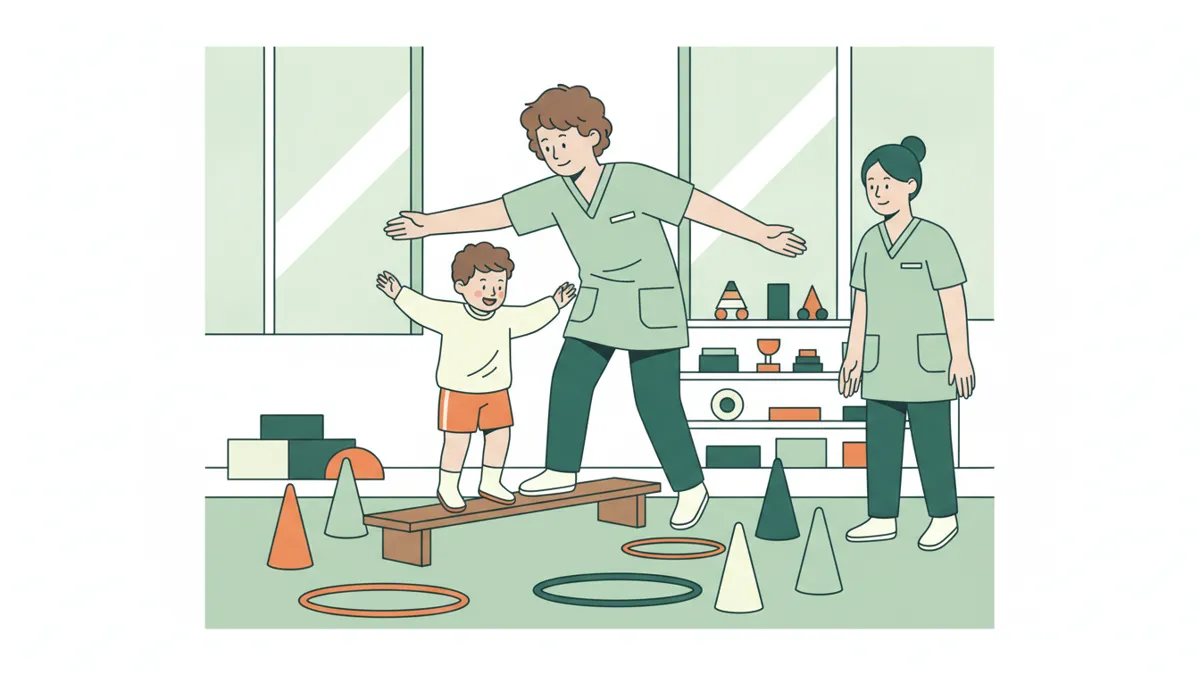 Illustration : dans un centre de soins pour enfants, une jeune apprentie psychomotricienne suit un enfant qui marche sur une poutre basse au milieu de cerceaux et de plots colorĂ©s, les bras prĂȘts Ă l'aider ; une collĂšgue observe.