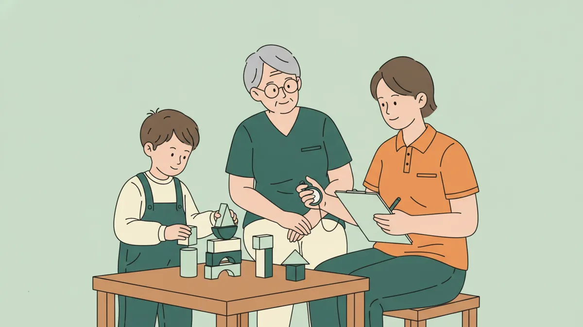 Illustration en gros plan : à une petite table, un enfant de six ans empile des cubes en bois pendant qu'une étudiante, face à lui, le chronomÚtre et remplit une feuille de test ; une psychomotricienne plus ùgée supervise.