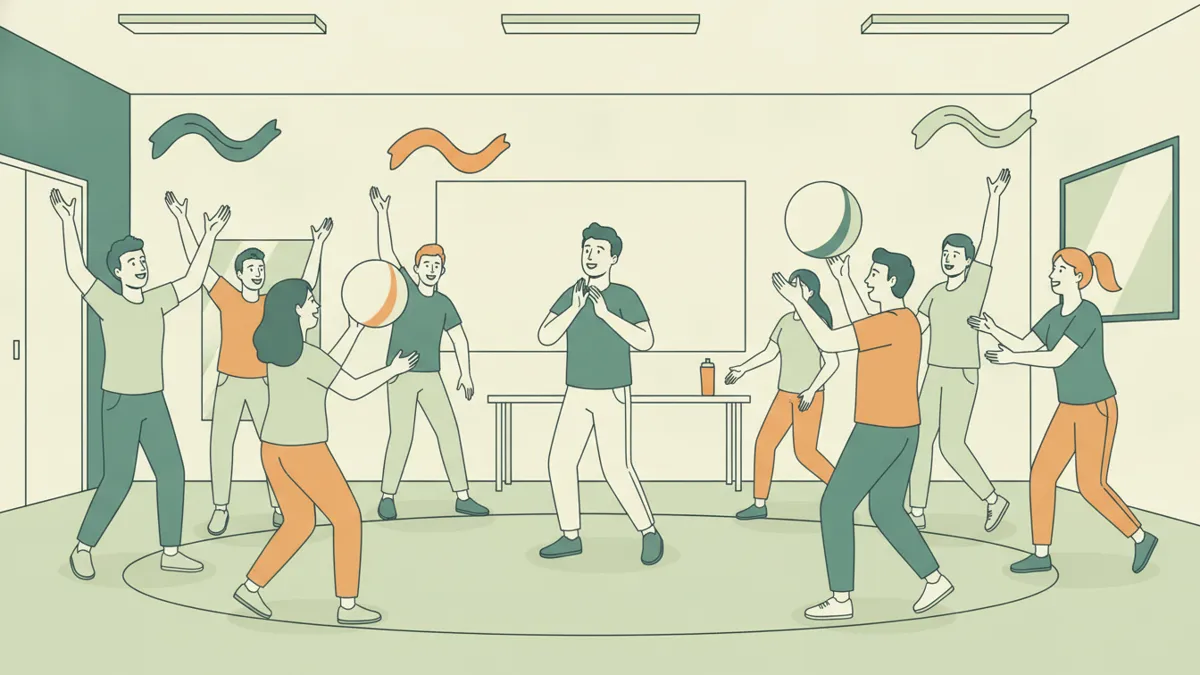 Illustration : dans une salle de formation, un groupe d'étudiants adultes fait un exercice de jonglage et d'expression corporelle ; certains lancent des foulards colorés, d'autres se passent un ballon en cercle, en souriant ; un formateur frappe le rythme dans ses mains.
