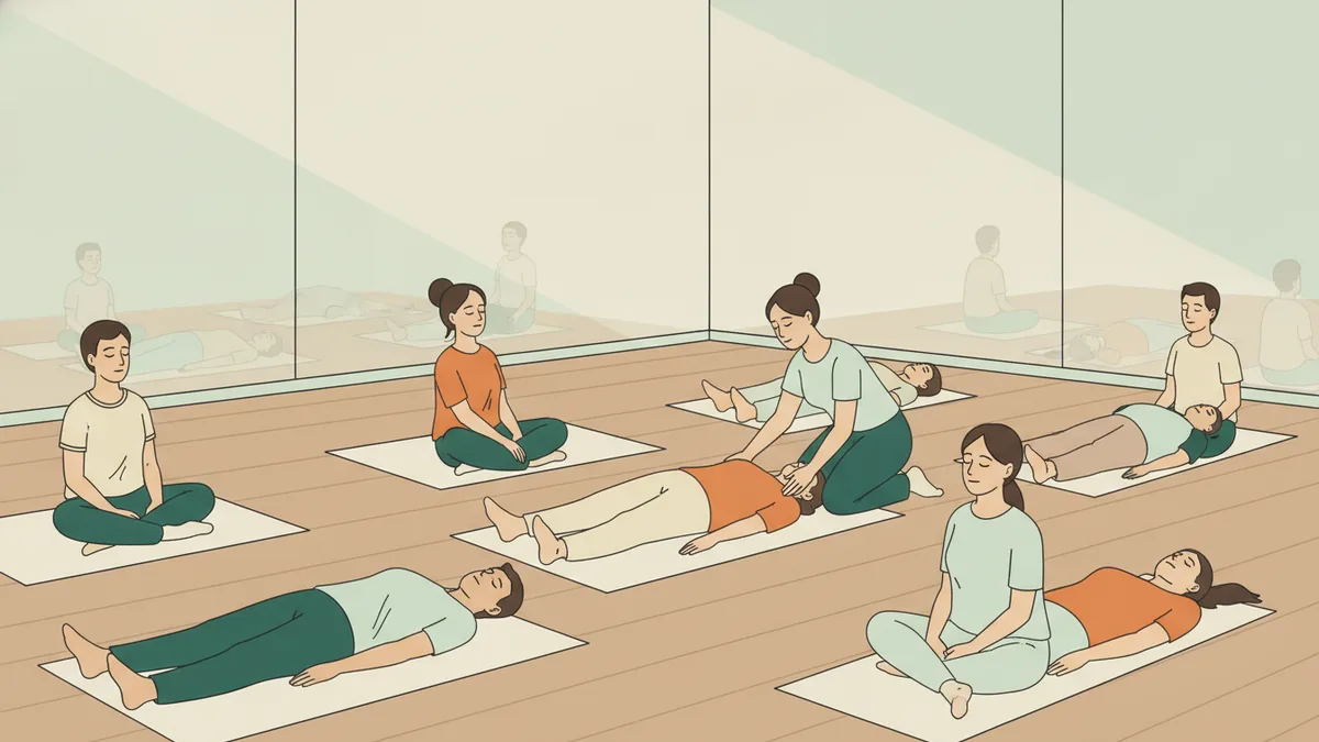 Illustration : une séance de conscience corporelle dans un studio de danse ; une dizaine d'étudiants allongés ou assis sur des tapis, yeux fermés, pendant qu'une enseignante agenouillée guide doucement le bras d'une étudiante ; parquet et grand miroir.