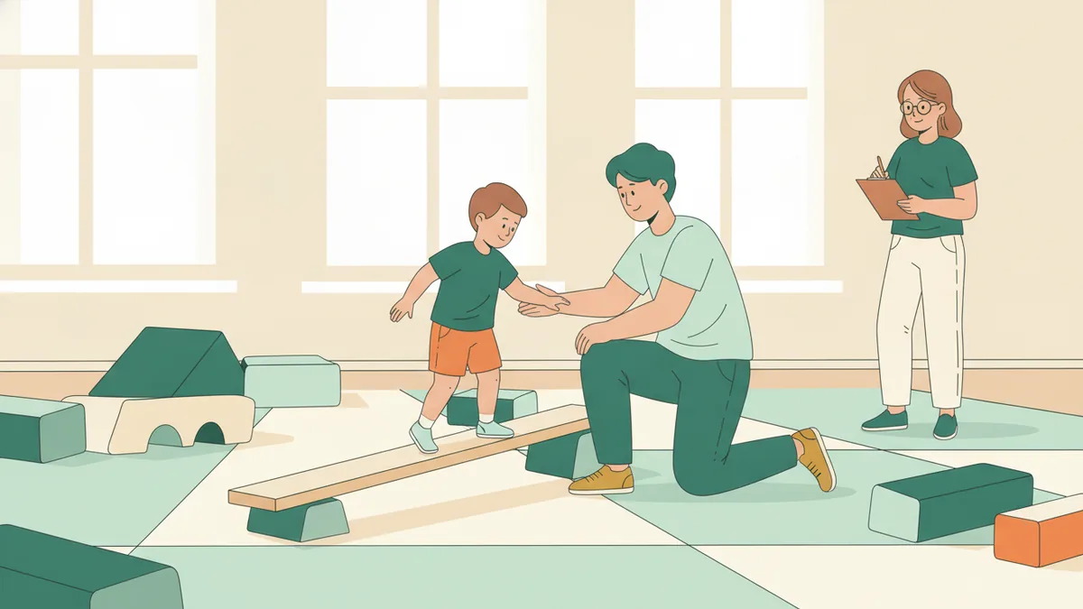 Illustration : dans une salle claire équipée de tapis et de blocs de mousse, une étudiante agenouillée tend la main à un enfant de quatre ans qui marche sur une poutre basse ; une psychomotricienne observe au fond et prend des notes.