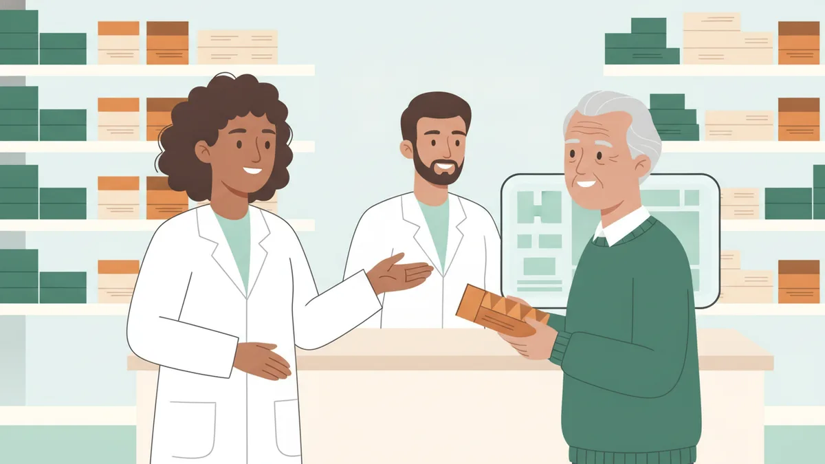 Illustration : dans une pharmacie claire, une jeune apprentie en blouse blanche explique une boîte de médicament à un client âgé, au comptoir ; derrière elle, le pharmacien consulte une ordonnance à l'écran.