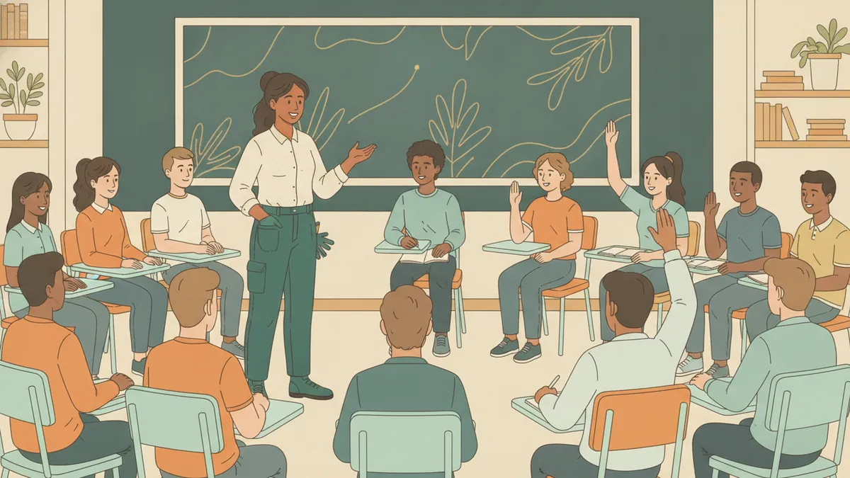 Illustration : un paysagiste en tenue de travail parle à une quinzaine d'étudiants assis en demi-cercle ; plusieurs lèvent la main, une étudiante prend des notes.
