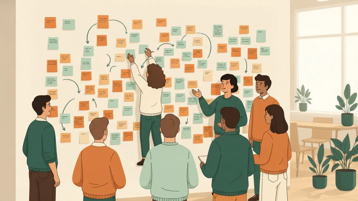 Illustration : huit étudiants debout devant un grand mur couvert de post-it colorés et de flèches ; une étudiante colle une nouvelle note pendant qu'un tuteur écoute en souriant.
