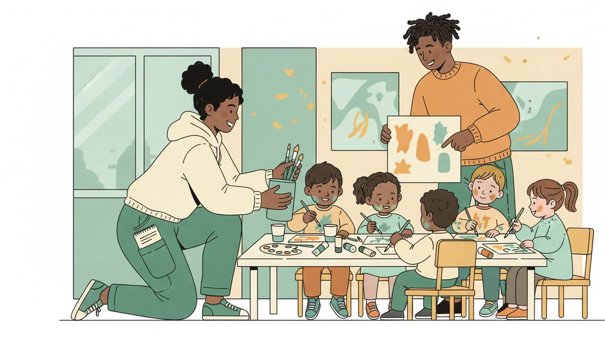 Illustration : une jeune stagiaire, à genoux près d'une table basse, distribue des pinceaux à de jeunes enfants pendant un atelier peinture animé par un éducateur.