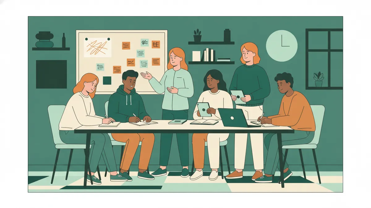 Illustration : six étudiants autour d'une table avec des carnets, des post-it et un ordinateur portable ; une tutrice debout les écoute pendant qu'une étudiante présente son projet d'études.
