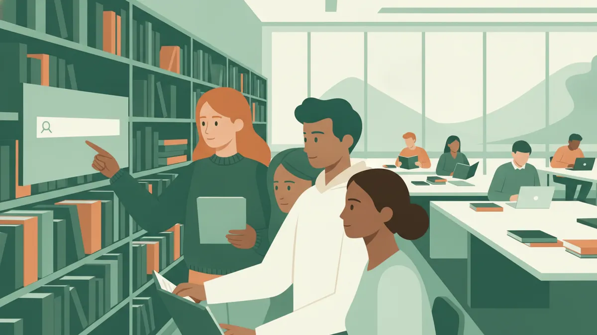 Illustration : dans une bibliothèque universitaire, une bibliothécaire montre à deux étudiants comment chercher un livre sur l'ordinateur et dans les rayons ; d'autres étudiants lisent à de grandes tables en arrière-plan.