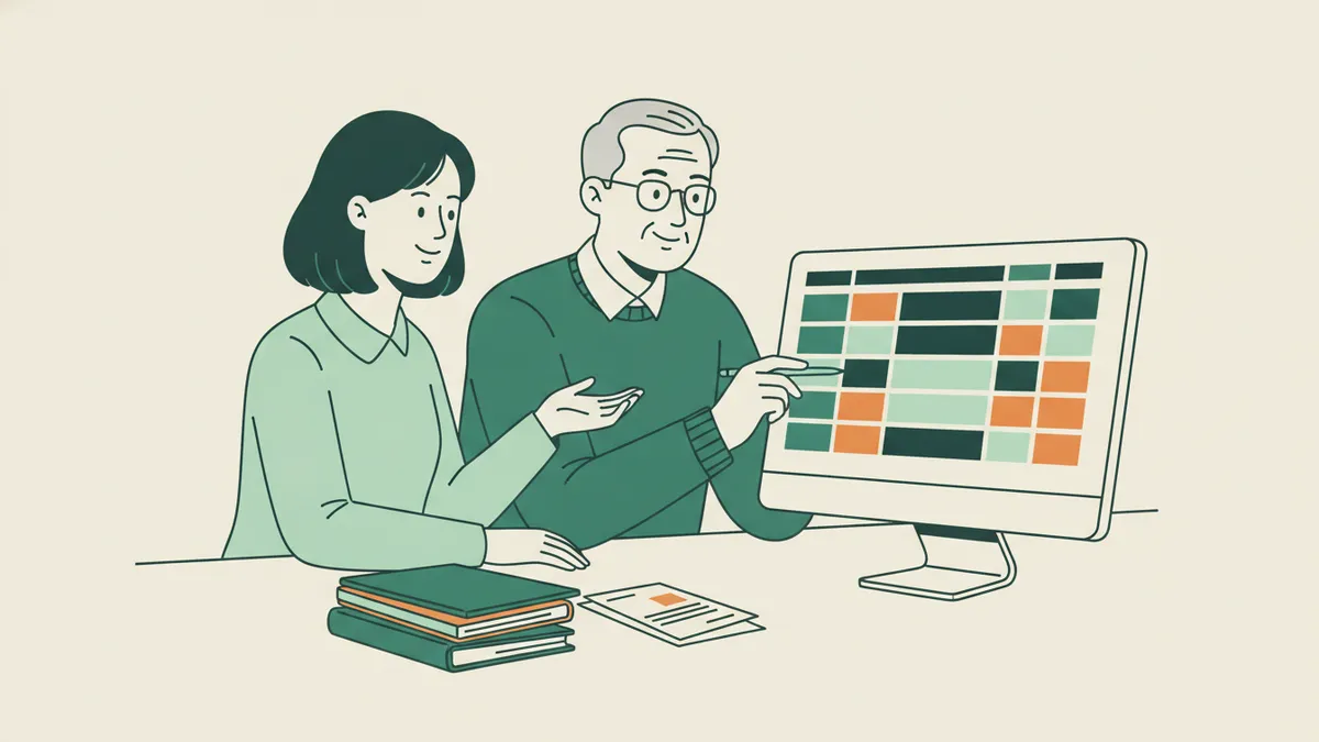 Illustration : une jeune stagiaire assise à un bureau à côté de son tuteur, un comptable expérimenté ; ils regardent ensemble un tableau de chiffres sur un grand écran, à côté d'une pile de classeurs et de factures.