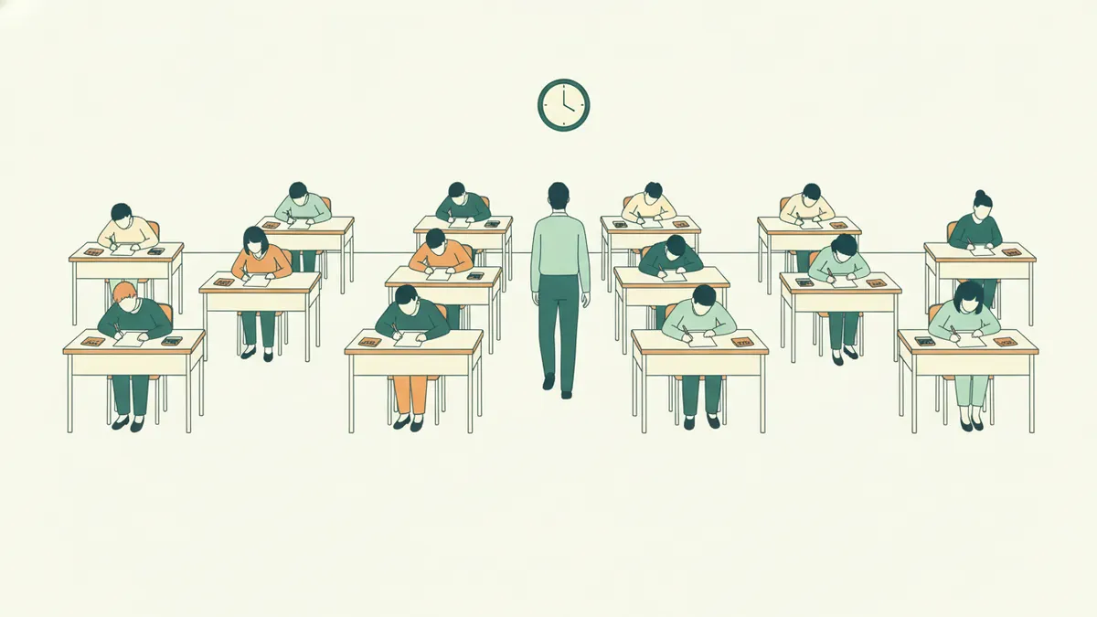 Illustration : une salle de classe pendant un examen écrit ; une quinzaine d'étudiants écrivent à des tables séparées, une calculatrice posée à côté de leur copie, pendant qu'un professeur marche lentement entre les rangs sous une horloge murale.