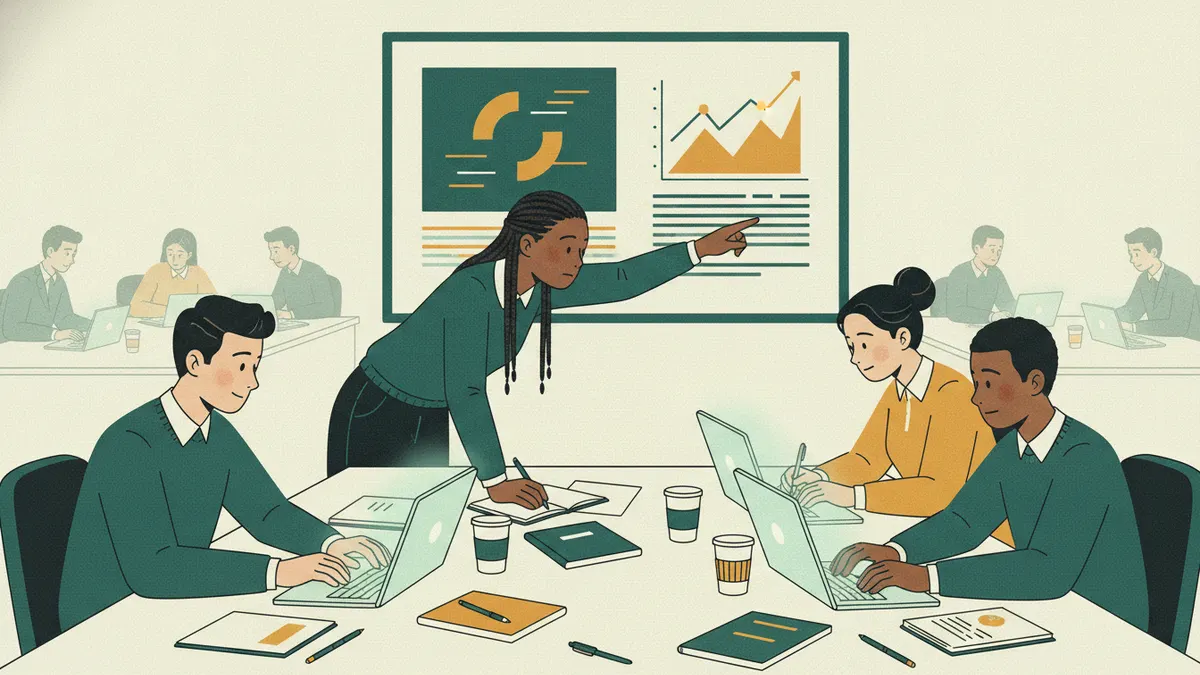 Illustration : quatre étudiants autour d'une table avec des ordinateurs portables ; une étudiante debout montre un graphique sur l'écran au mur ; d'autres équipes travaillent à l'arrière-plan.