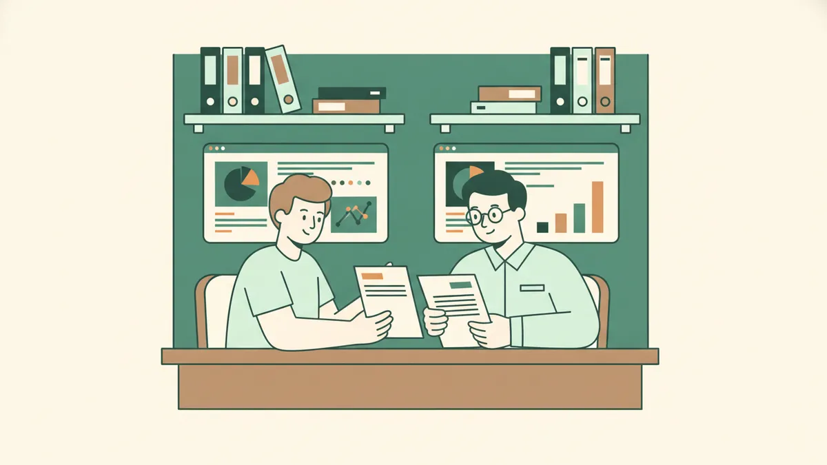 Illustration : dans un petit cabinet comptable, un jeune stagiaire assis à côté d'un comptable revoit des factures avec lui, devant deux écrans qui affichent des graphiques ; des classeurs sur les étagères derrière eux.