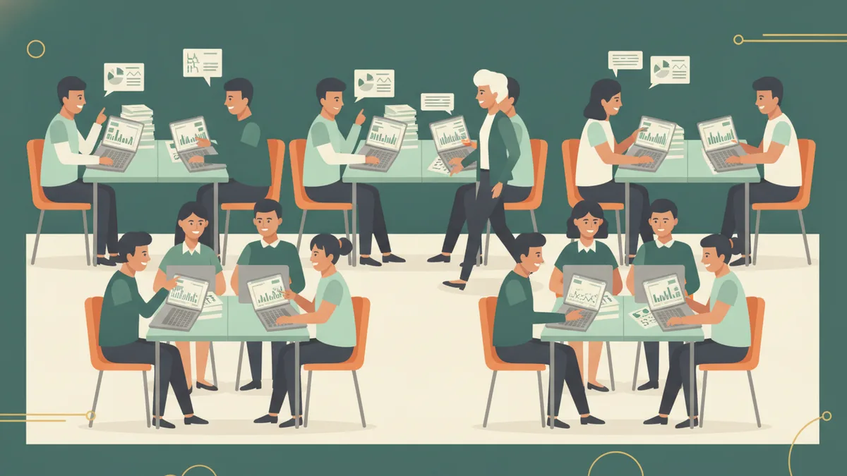 Illustration : dans une salle de classe, des étudiants travaillent par petits groupes sur une étude de cas comptable, avec des ordinateurs portables et des documents imprimés ; un enseignant passe entre les tables.
