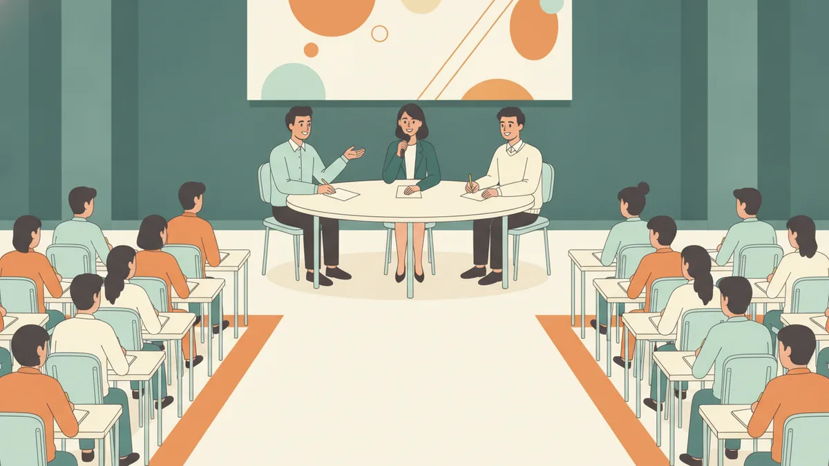 Illustration : dans une salle du lycée, trois jeunes professionnels assis à une table ronde répondent aux questions d'étudiants qui prennent des notes.