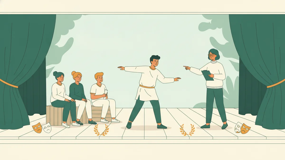 Illustration : sur la petite scène d'un lycée, un étudiant joue une scène en gesticulant pendant que ses camarades l'observent et qu'une enseignante donne des indications.