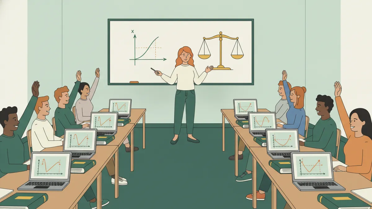 Illustration : dans une salle de travaux dirigés, une vingtaine d'étudiants assis devant des ordinateurs portables qui affichent des courbes, des codes juridiques posés sur les tables ; au tableau, une enseignante montre un graphique et une balance de la justice ; plusieurs étudiants lèvent la main.