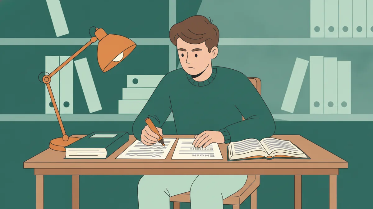 Illustration : un étudiant à son bureau compare deux versions d'un même document posées côte à côte, un surligneur à la main ; un épais manuel de droit et un dictionnaire bilingue ouvert sont à côté de lui, sous une lampe de bureau.
