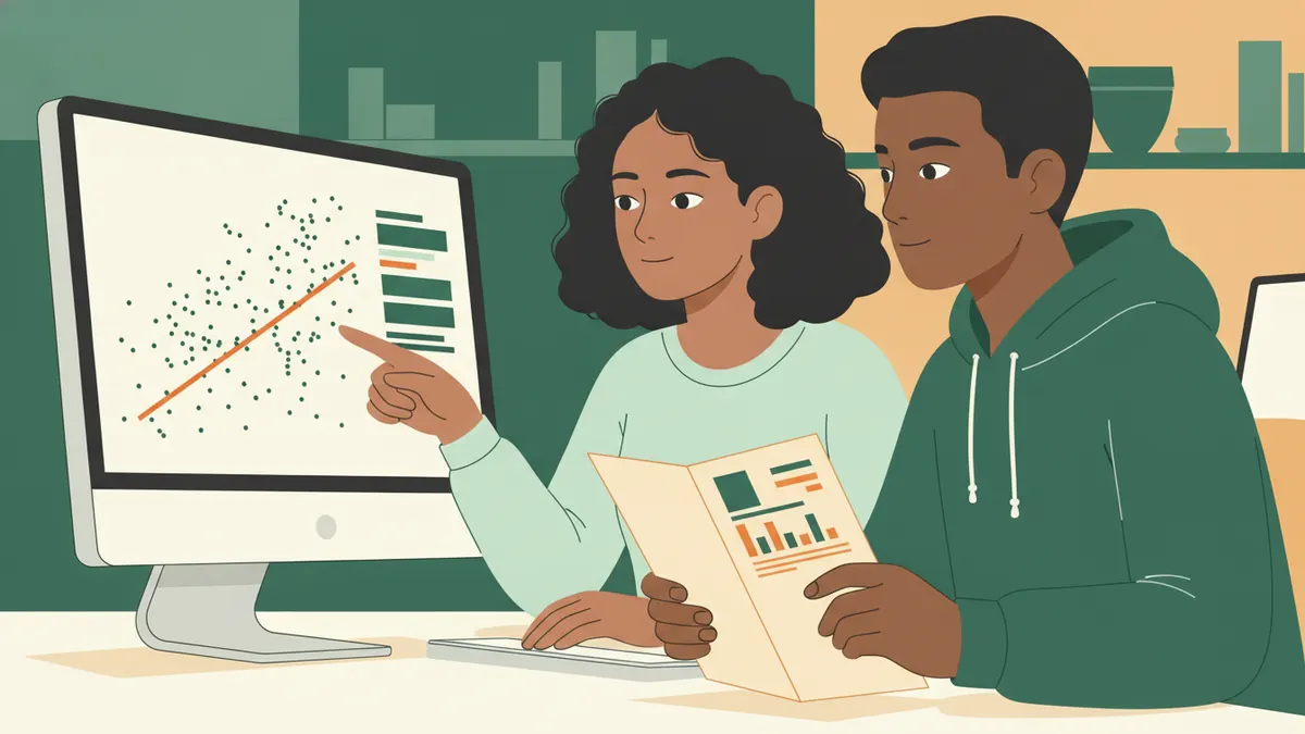 Illustration : deux étudiants devant un écran qui affiche un nuage de points traversé par une droite ; l'une montre la droite du doigt, l'autre tient un graphique imprimé.