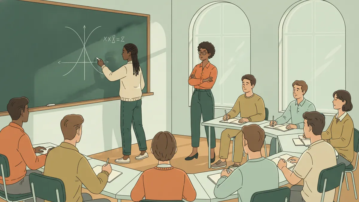 Illustration : dans une salle de travaux dirigés, une étudiante trace au tableau deux courbes qui se croisent, une offre et une demande, à côté de symboles mathématiques ; une dizaine d'étudiants prennent des notes, une enseignante observe.