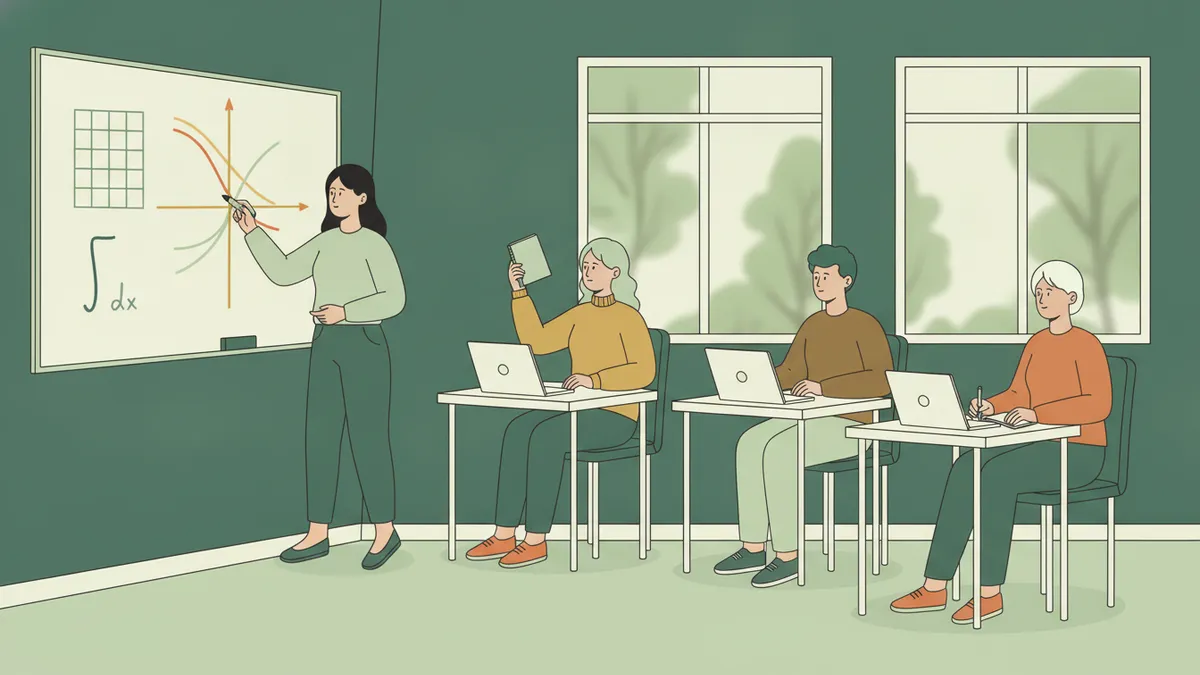 Illustration : dans une salle de TD, une étudiante trace au tableau une courbe d'offre et de demande à côté d'une matrice et d'une intégrale ; trois étudiants suivent depuis leurs tables, l'un lève la main.