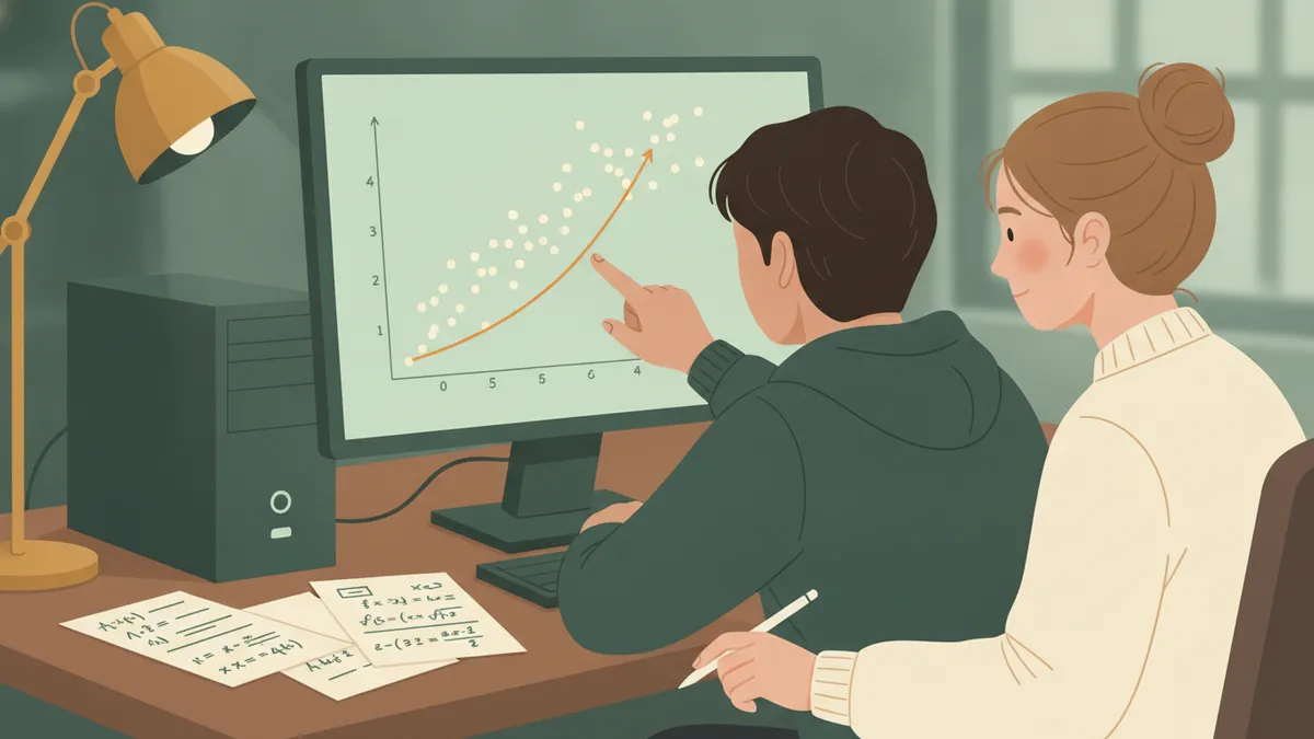Illustration : par-dessus l'épaule de deux étudiants, un écran d'ordinateur affiche un nuage de points traversé par une droite de régression ; des feuilles couvertes de formules sur le bureau.