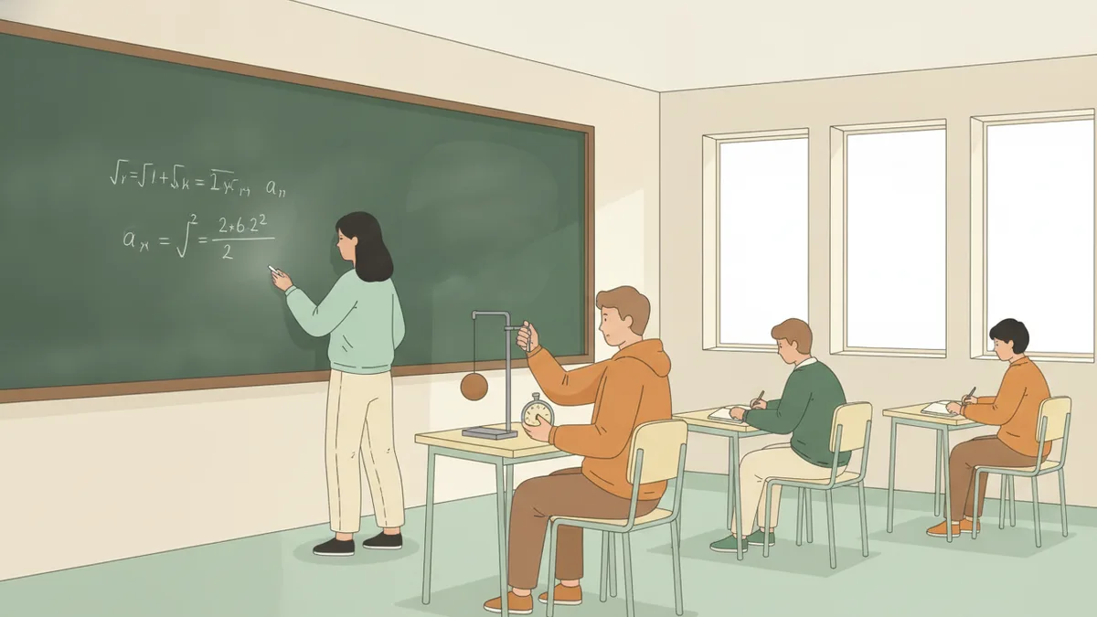 Illustration : dans une salle de cours claire, une étudiante écrit des intégrales au tableau pendant qu'un étudiant, à côté d'elle, lance un petit pendule sur le bureau et le chronomètre ; trois camarades prennent des notes.