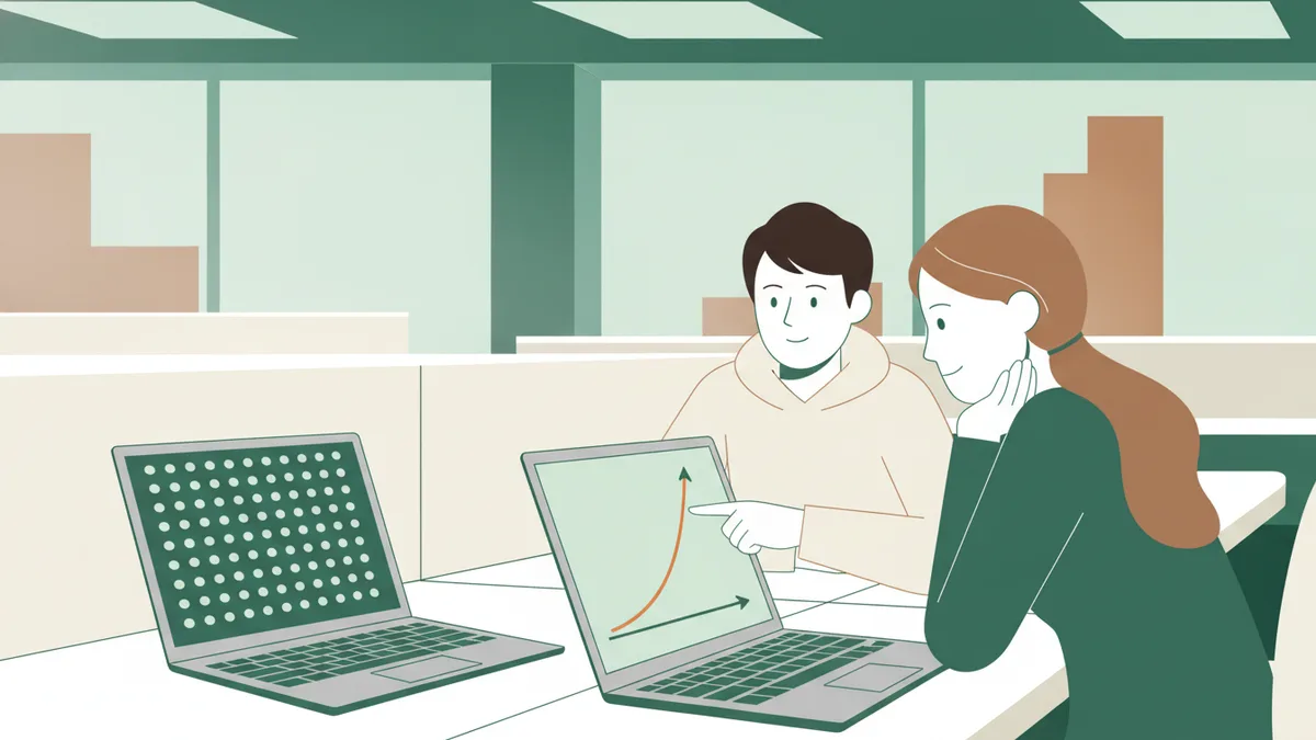 Illustration : deux étudiants côte à côte devant des ordinateurs portables dans une salle informatique ; les écrans affichent une courbe et un nuage de points, l'un montre la courbe du doigt et explique à l'autre.