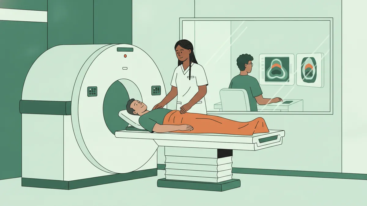 Illustration : dans une salle de scanner, une étudiante aide un patient allongé sur la table de l'appareil, la main posée sur son épaule ; derrière une vitre, un autre étudiant suit les images du corps sur les écrans de la console.