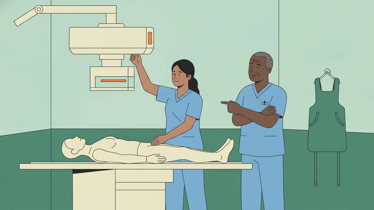 Illustration : une étudiante en tenue bleue ajuste le tube d'une table de radiologie au-dessus d'un mannequin d'entraînement, sous le regard d'un formateur ; un tablier de protection est accroché au mur.