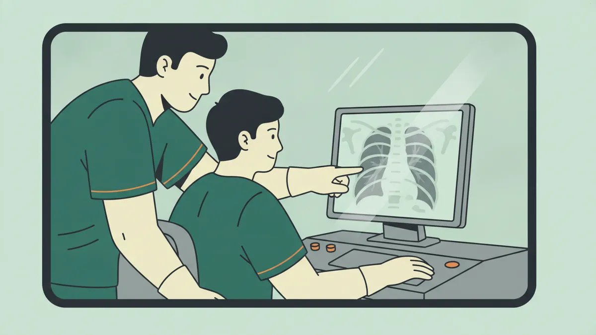 Illustration : un étudiant en tenue verte assis au pupitre de commande regarde une radio du thorax sur l'écran, pendant que son tuteur, penché sur son épaule, lui montre un détail de l'image.