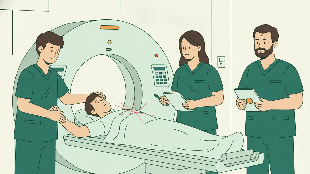 Illustration : deux étudiants en tenue verte installent un patient allongé sur la table d'un scanner ; l'un lui tient le bras, l'autre vérifie le centrage ; un manipulateur expérimenté observe avec une tablette.