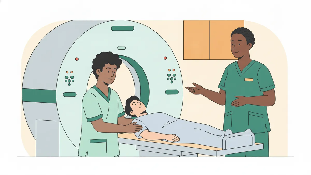 Illustration : dans un service de radiologie, un étudiant en tenue de soignant installe délicatement un patient allongé sur la table d'un scanner, sous le regard d'une manipulatrice expérimentée qui le conseille ; l'anneau du scanner est au premier plan.