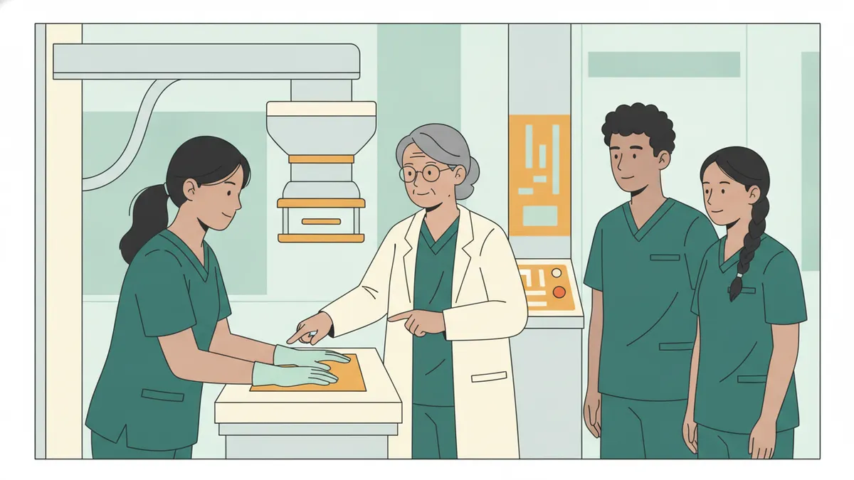 Illustration : dans une salle de radiologie d'entraînement, une étudiante en tenue de soignant positionne la main d'une camarade à plat sur un détecteur, sous le bras du tube à rayons X ; une enseignante en blouse guide le geste, deux étudiants observent.