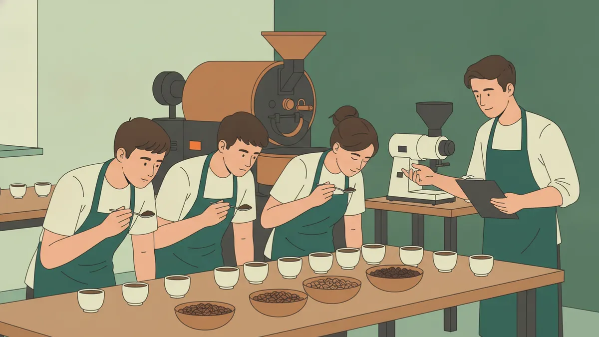 Illustration : dans un atelier, quatre élèves en tablier penchés sur une rangée de petites tasses et de bols de grains, qui sentent et goûtent avec une cuillère ; un formateur les guide, un torréfacteur et un moulin à l'arrière-plan.