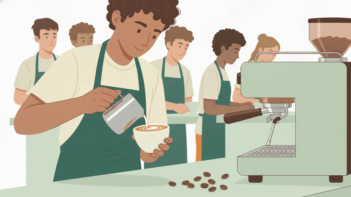 Illustration : un jeune élève barista en tablier vert verse du lait moussé dans une tasse pour y dessiner un cœur, à côté d'une machine à expresso ; d'autres élèves en tablier attendent leur tour derrière lui, des grains de café sur le comptoir.