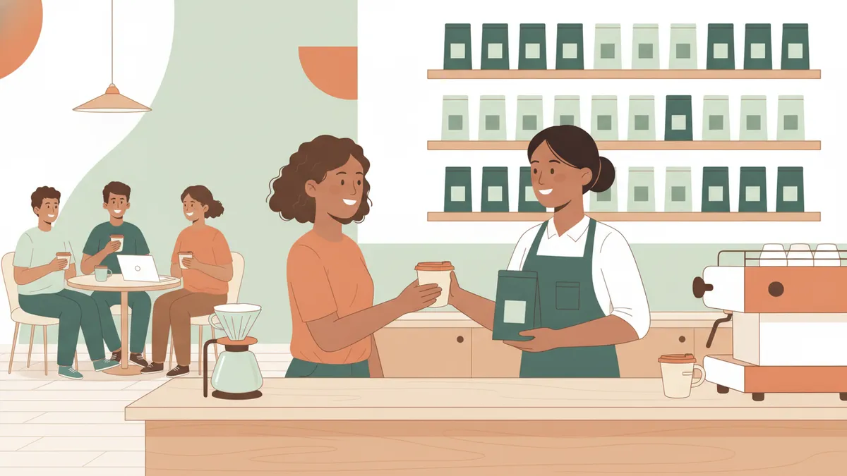 Illustration : dans un coffee shop moderne, une jeune stagiaire barista en tablier vert tend une tasse à une cliente souriante et lui montre un sachet de café ; une cafetière filtre et une machine à expresso sur le comptoir, des clients attablés au fond.