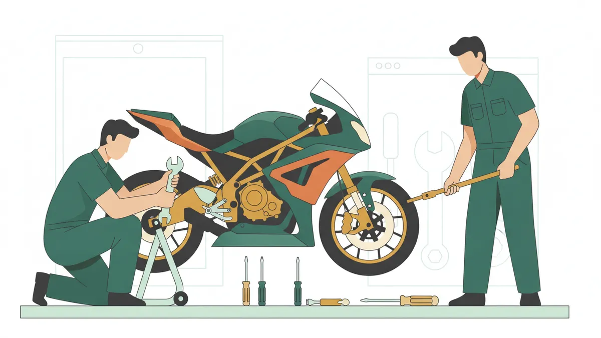 Illustration : deux jeunes mécaniciens en combinaison de travail préparent une moto de course posée sur une béquille d'atelier ; l'un règle la fourche avant, l'autre tient une clé dynamométrique.