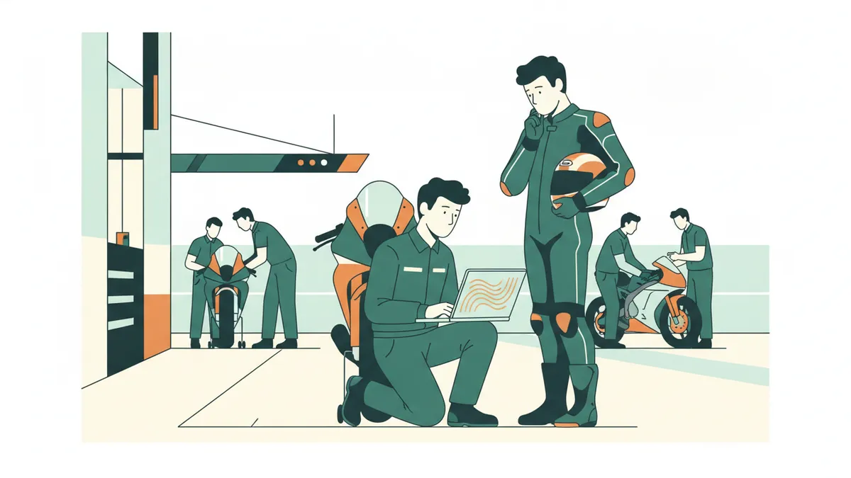 Illustration : dans la voie des stands d'un circuit, un jeune mécanicien accroupi près d'une moto de course lit des courbes sur un ordinateur portable ; à côté, un pilote en combinaison de cuir, casque sous le bras, l'écoute.