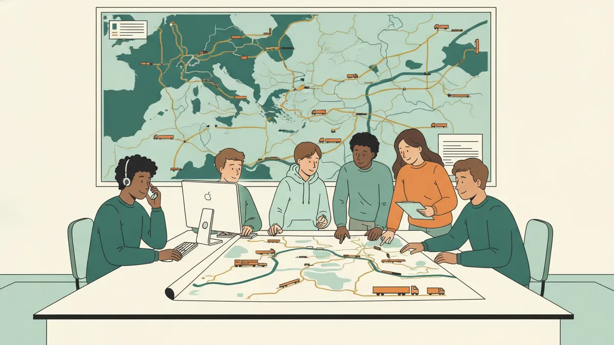 Illustration : des étudiants autour d'une table de planification organisent un envoi de marchandises ; au mur, une grande carte avec des itinéraires de camions, de trains et de péniches ; une étudiante téléphone avec un casque, un autre travaille sur ordinateur.