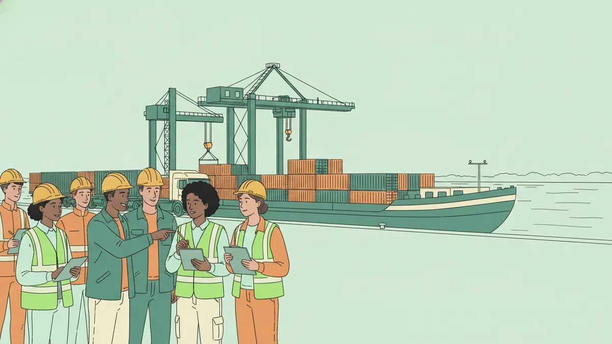 Illustration : un stagiaire en gilet fluo, une tablette à la main, sur un quai de port à côté de son tuteur ; derrière, une barge chargée de conteneurs, des grues et un camion.