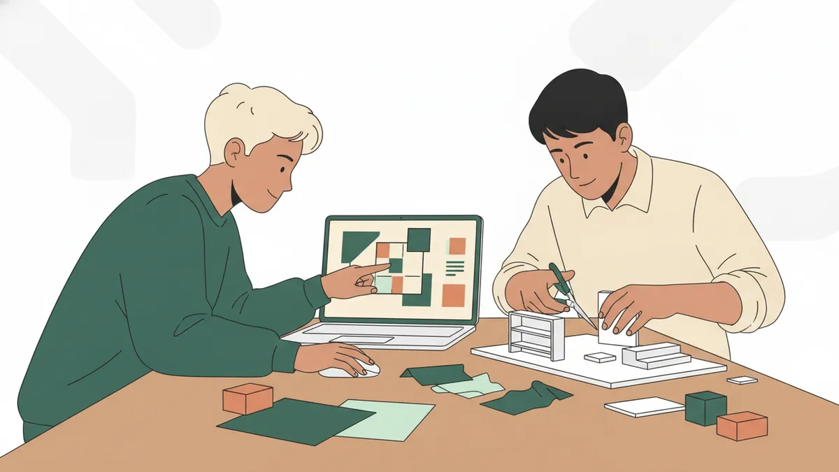 Illustration : un élève dessine sur ordinateur le plan d'un stand de vente, tandis qu'un camarade construit à côté une petite maquette de présentoir en carton plume, entourés d'échantillons de tissu et de boîtes de produits.