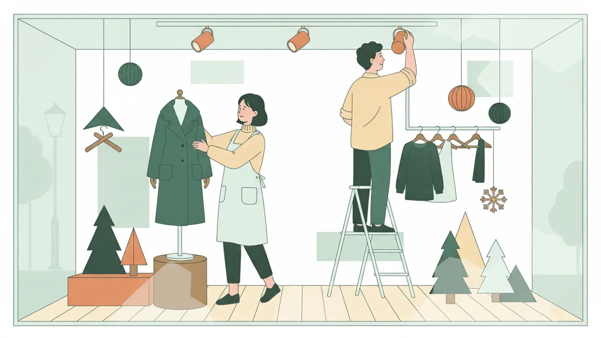 Illustration : deux élèves aménagent la vitrine d'une boutique de mode ; l'une installe un manteau sur un mannequin, l'autre, sur un escabeau, règle un spot sur un rail ; des sapins en papier et des décors en bois complètent la scène.